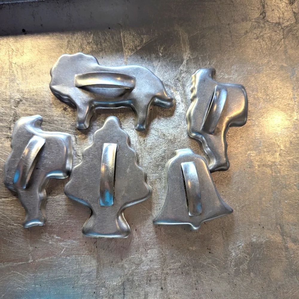 Vintage 1950's Aluminum Cookie Cutters Set 2 Santas,Bell, Lion Christmas Tree